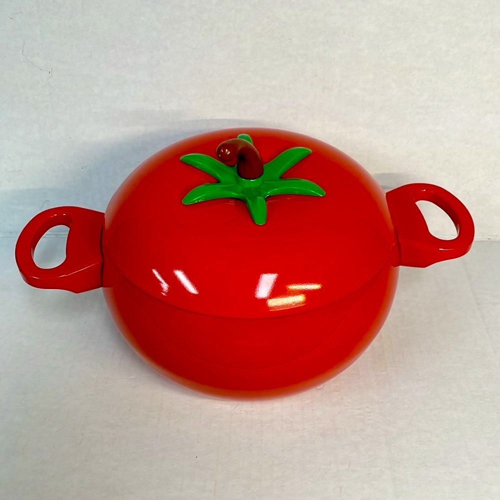 Vtg Avon tomato enamelware pot w/lid